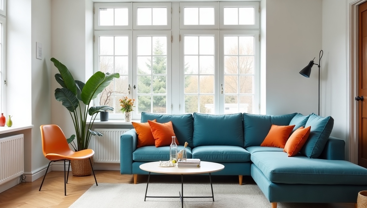 Wohnzimmer mit Komplementärfarben Blau und Orange