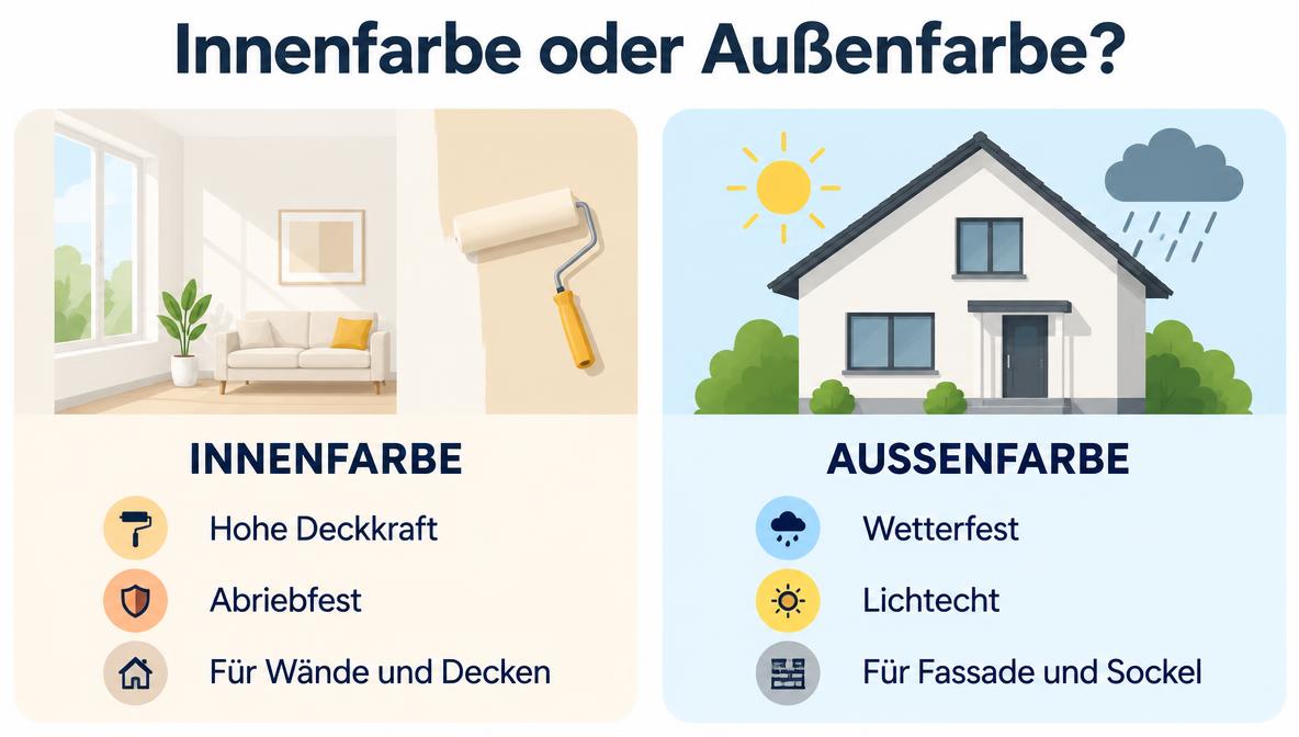 Infografik Innenfarbe und Außenfarbe im Vergleich: Deckkraft und Abriebfestigkeit innen, Wetterfestigkeit und Lichtechtheit außen