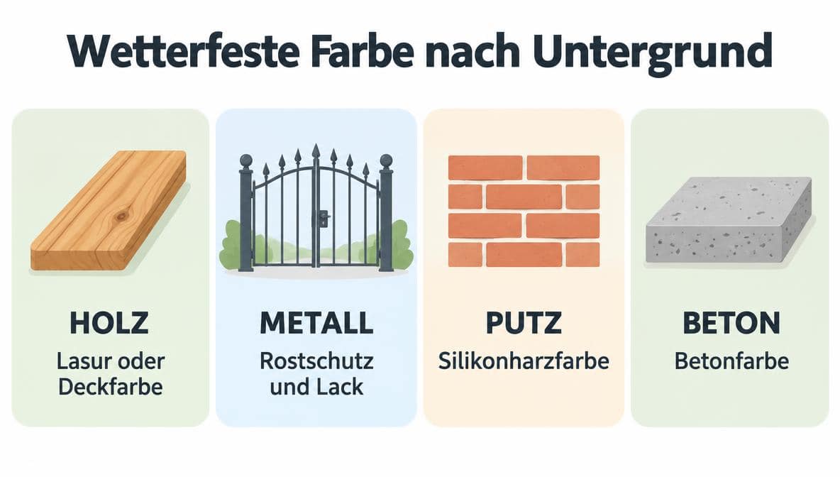 Infografik wetterfeste Farbe für draußen nach Untergrund: Holz, Metall, Putz und Beton